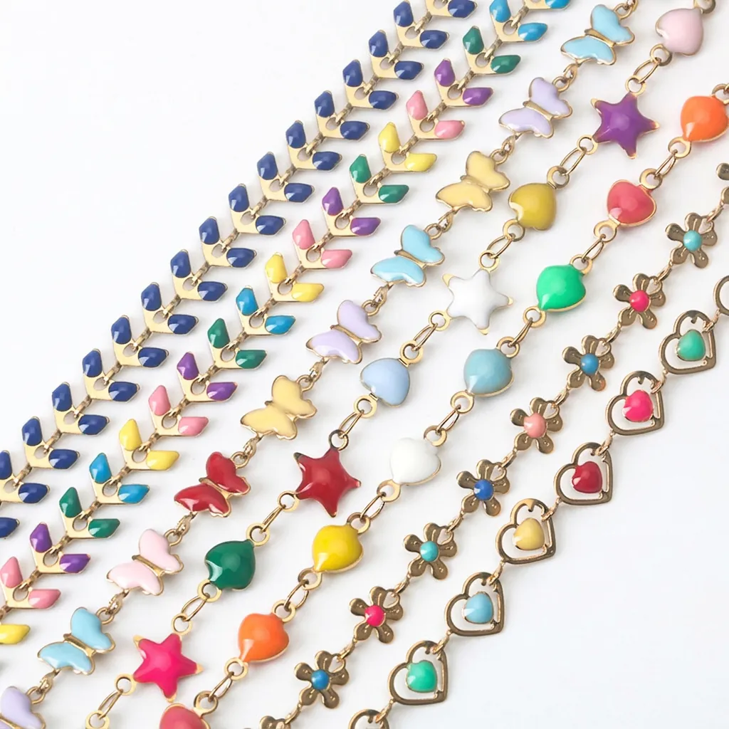 Chaînes Fabrication Bijoux DIY Acier Inoxydable Émail Coloré Papillon Cœur Fleur Breloques Pour Accessoires Faits Main