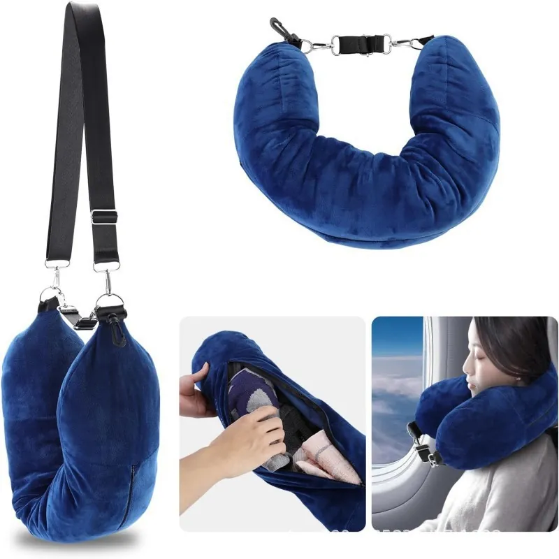 Oreiller De Cou De Voyage À Remplir Sac De Rangement En Velours Doux Pour Vêtements Sangle Réglable Boucle Taie D'Oreiller En U Portable