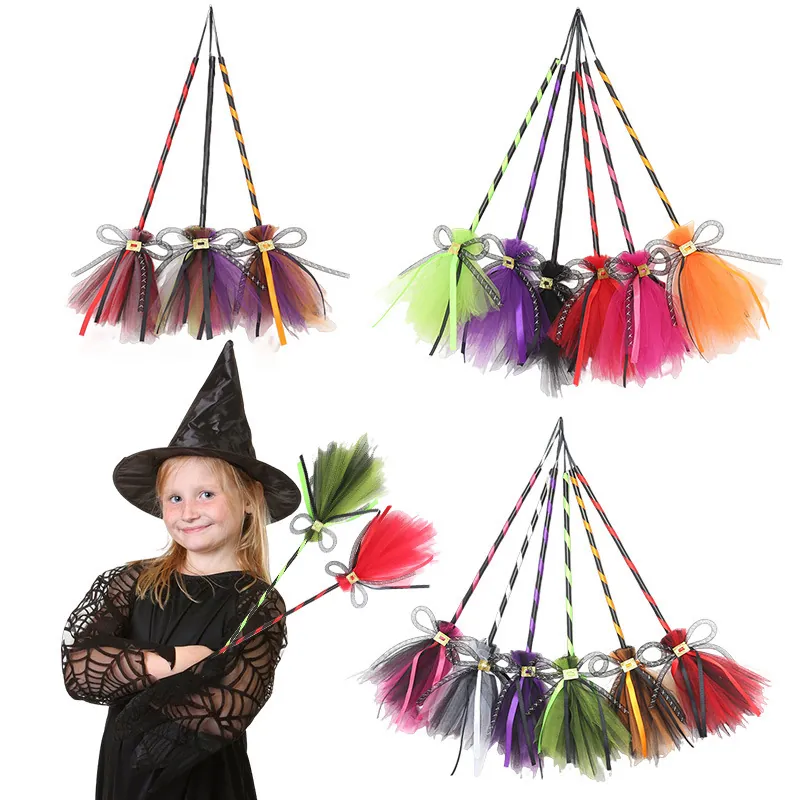 Halloween Witch Broomstick Mesh Tulle Ribbon Bow Cosplay Party Prop Costume Accessories Striped Handle Kids Adults