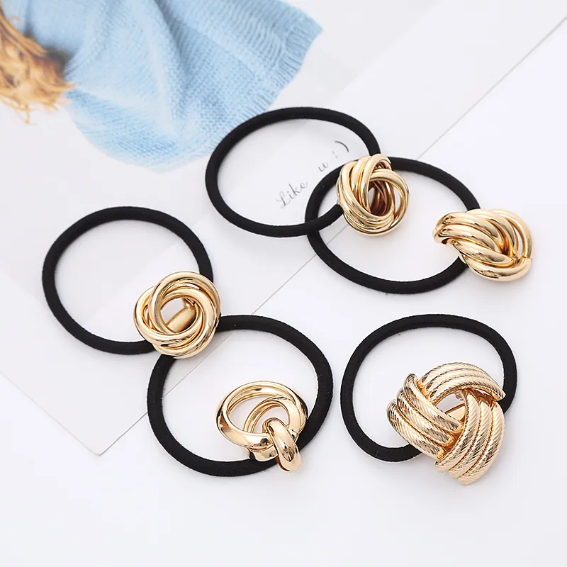 Fashion High Elasticity Hair Ties Ponytail Holder Metal Geometric Knot Interlinked Rings Elastic Hair Bands For Women