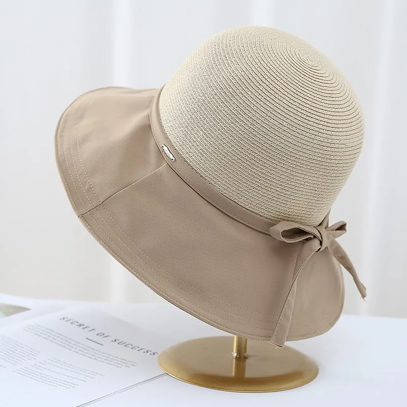 Women Straw Fabric Patchwork Bucket Hat Wide Brim Sun Protection Breathable Summer Beach Sunshade Bow Tie Elegant Style