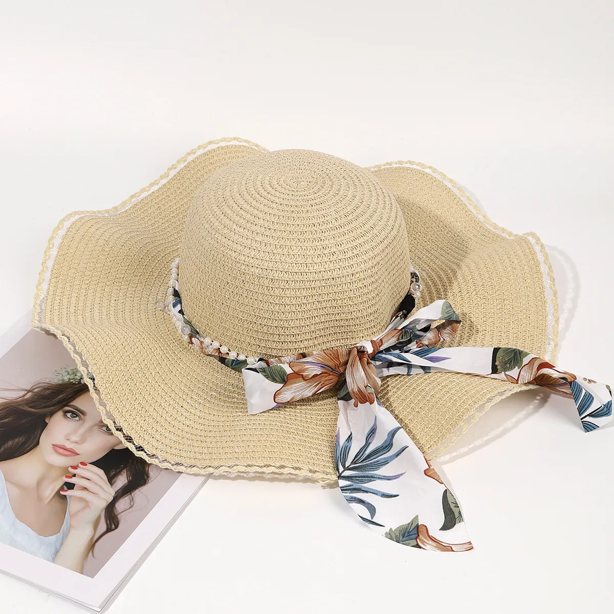 Women Wide Brim Straw Sun Hat With Floral Ribbon Bow Artificial Pearl Decor Wavy Edge Lace Elegant Beach Travel Summer Bonnet