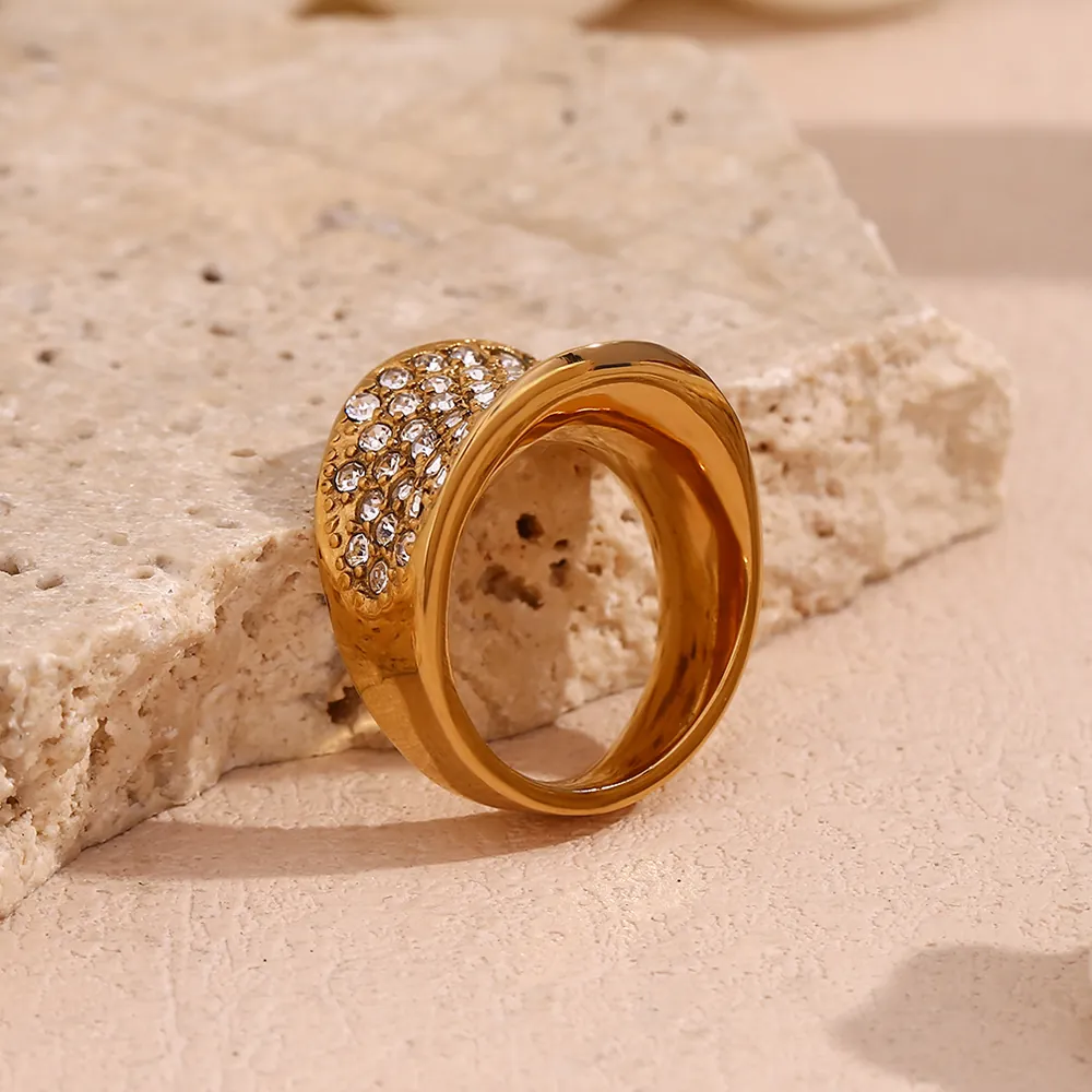 Bague Concave Large En Acier Inoxydable 316L Plqué Or 18K Micro Pavé Rhinestones Bijoux De Mode Rétro Pour Femmes