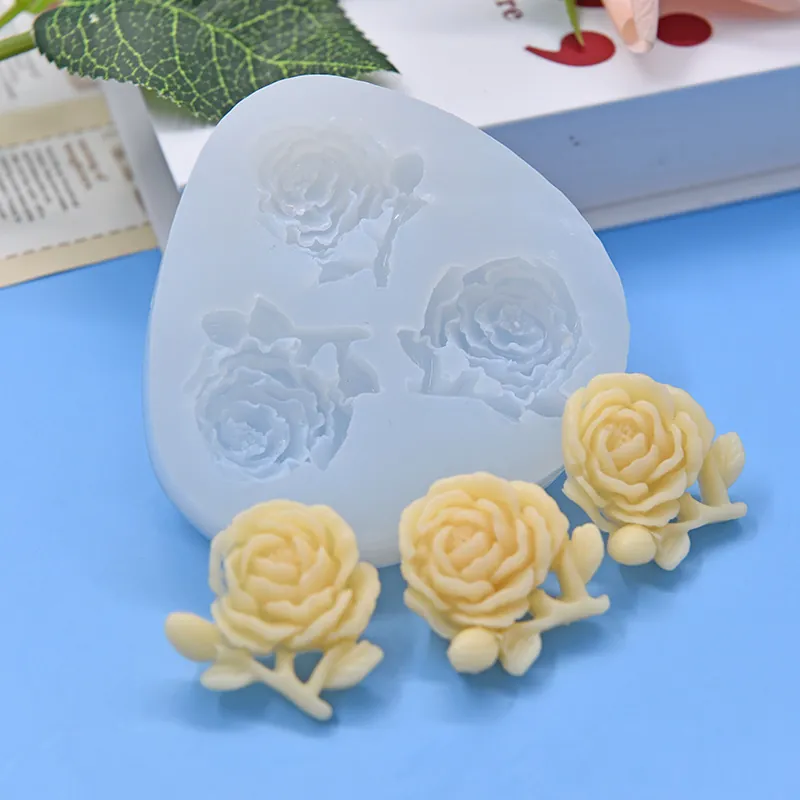 Rose Flower Silicone Mold Three Cavity 3D Floral DIY Baking Fondant Chocolate Soap Resin Candle Making Tools
