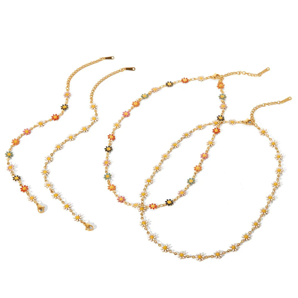 Collier Et Bracelet Floraux En Émail Acier Inoxydable Plaqué Or 18K Marguerite Papillon Bijoux Hypoallergéniques Femmes