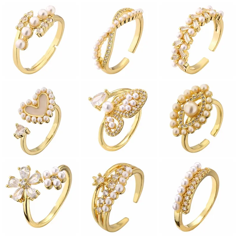 Bague Ajustable Ouverte Élégante En Cuivre Künstliche Perle Zircon Micro Sertie Bijoux Mode Femmes