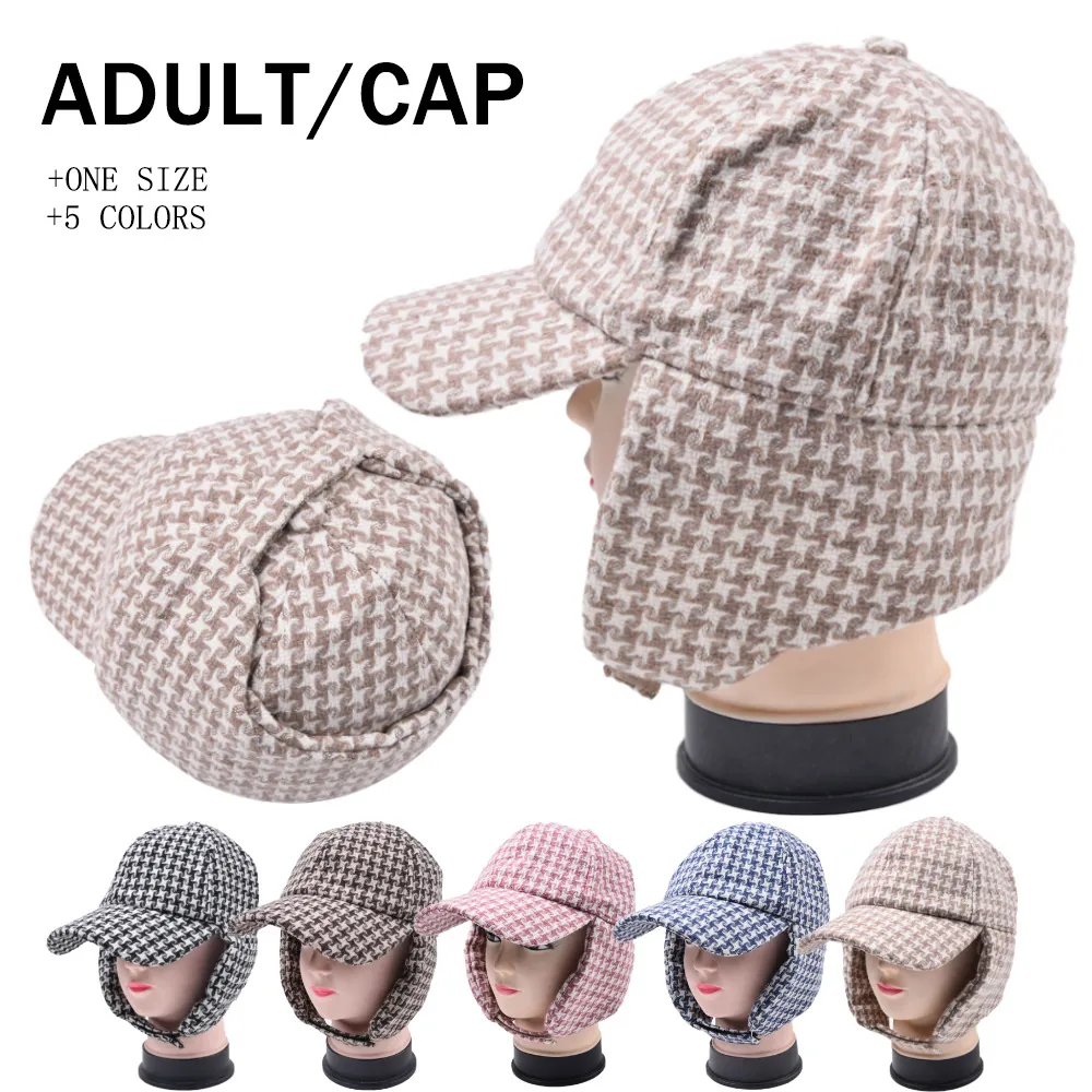 Houndstooth Earflap Baseball Cap Warm Winter Cotton Blend Outdoor Windproof Trapper Hat For Men Women
