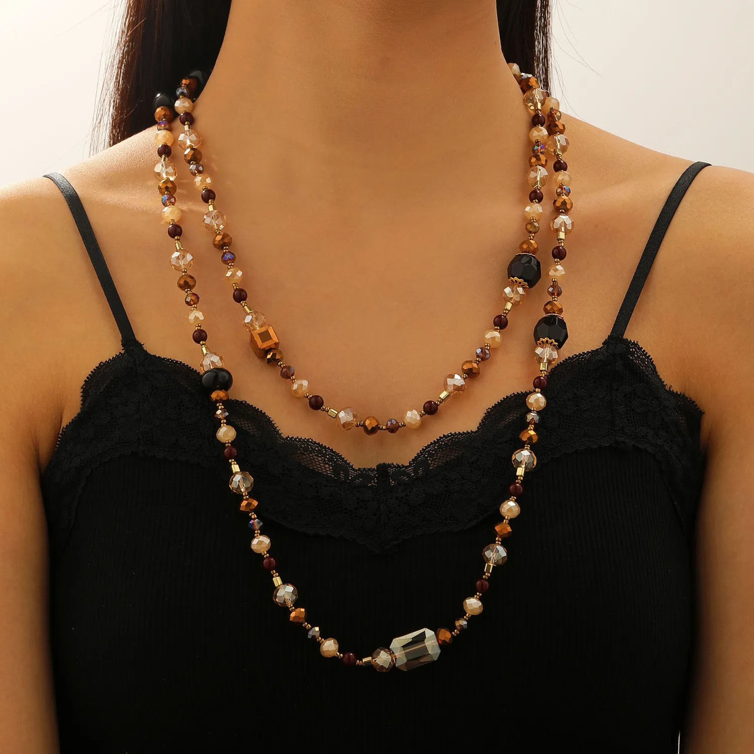 Vintage Maillard Style Beaded Layered Necklace For Women Bohemian Long Sweater Chain Crystal Glass Alloy Jewelry Accessory