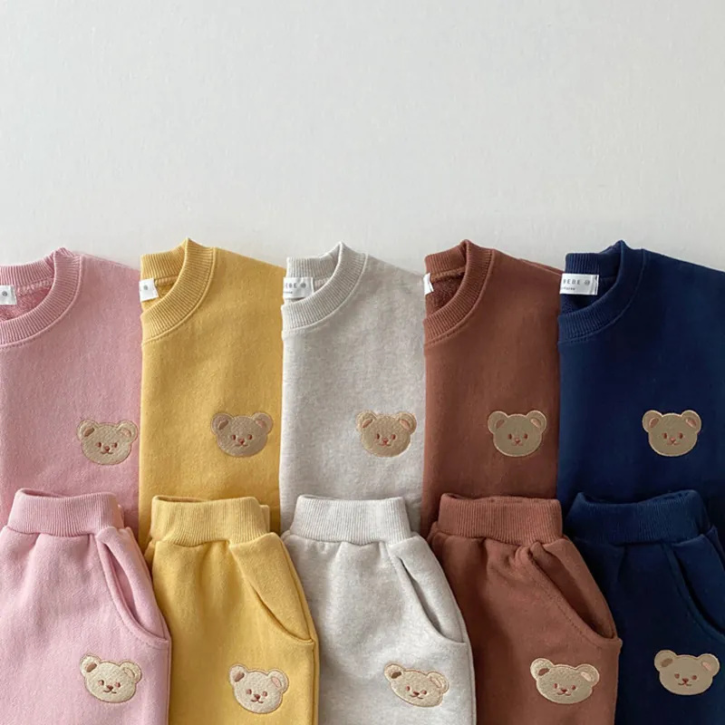 Infant Toddler Cotton Bear Crewneck Sweatshirt Long Pants Top And Bottom Kids Casual Cartoon Two Piece Set
