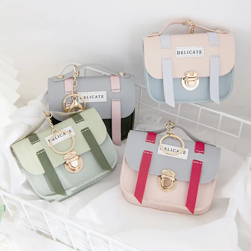 Mini Coin Purse Keychain PU Leather Color Block Cambridge Bag Shape Flip Top Key Holder Bag Charm For Women Girls