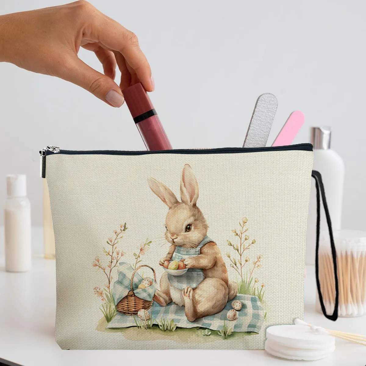 Easter Bunny Cosmetic Makeup Bag Linen Zippered Travel Toiletry Pouch With Wrist Strap For Women Girls Holiday Gift