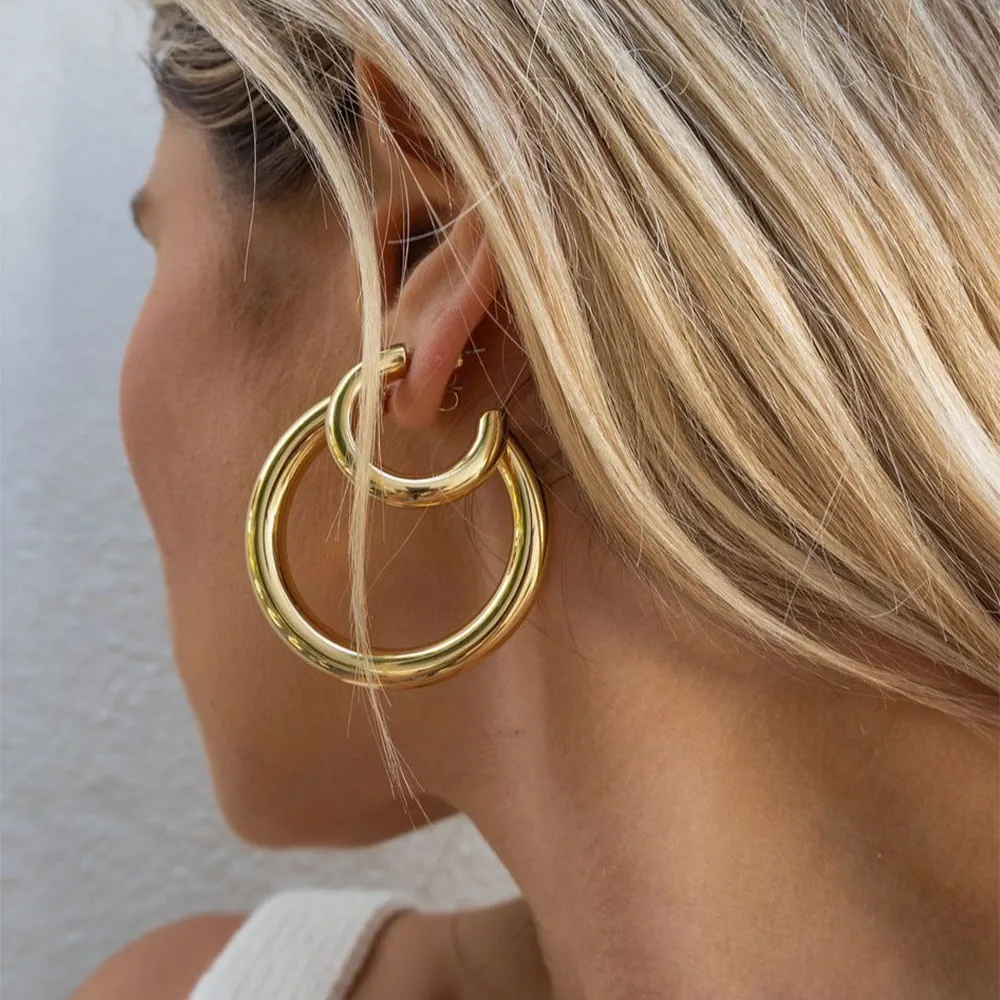 Chunky C-Shaped Hoop Earrings 316L Stainless Steel PVD Gold Plated Thick Polished Minimalist Jewelry For Women