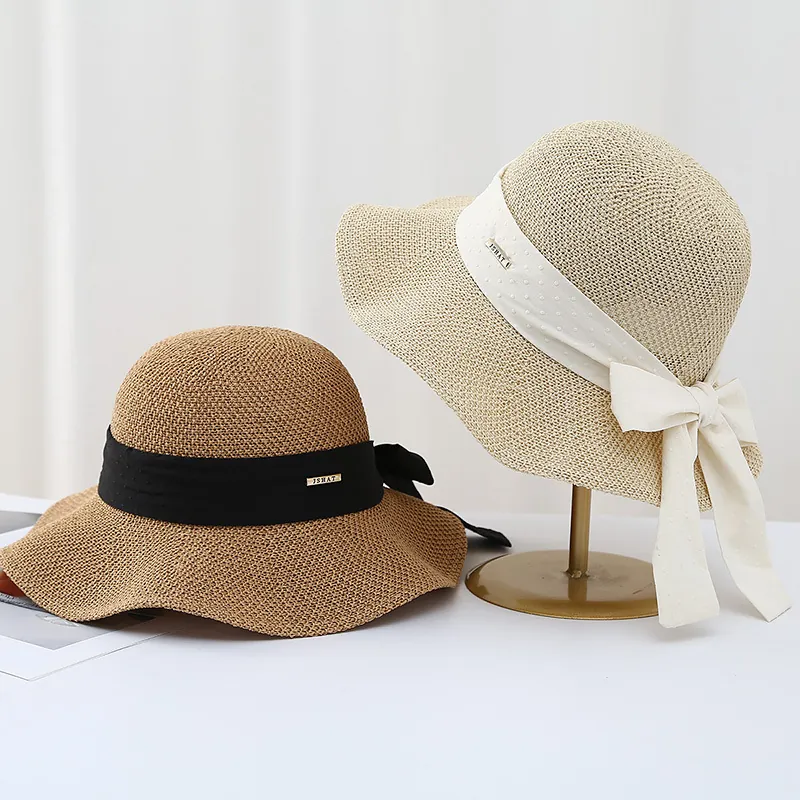 Cappello Di Paglia A Tesa Larga Da Donna Estate Protezione Solare Pieghevole Traspirante Con Grande Fiocco