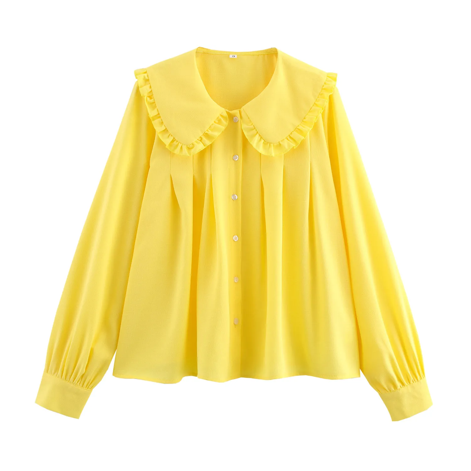 Women Sweet Yellow Blouse Peter Pan Collar Ruffle Trim Long Sleeve Loose Fit Polyester Shirt Casual Solid Color Tops