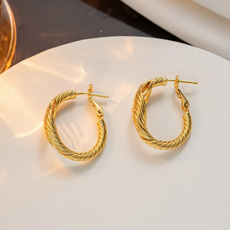 Women Stainless Steel Twisted Rope C Shaped Hoop Earrings Gold Plated Geometric Textured Spiral Hoop Earrings Jewelry Gift