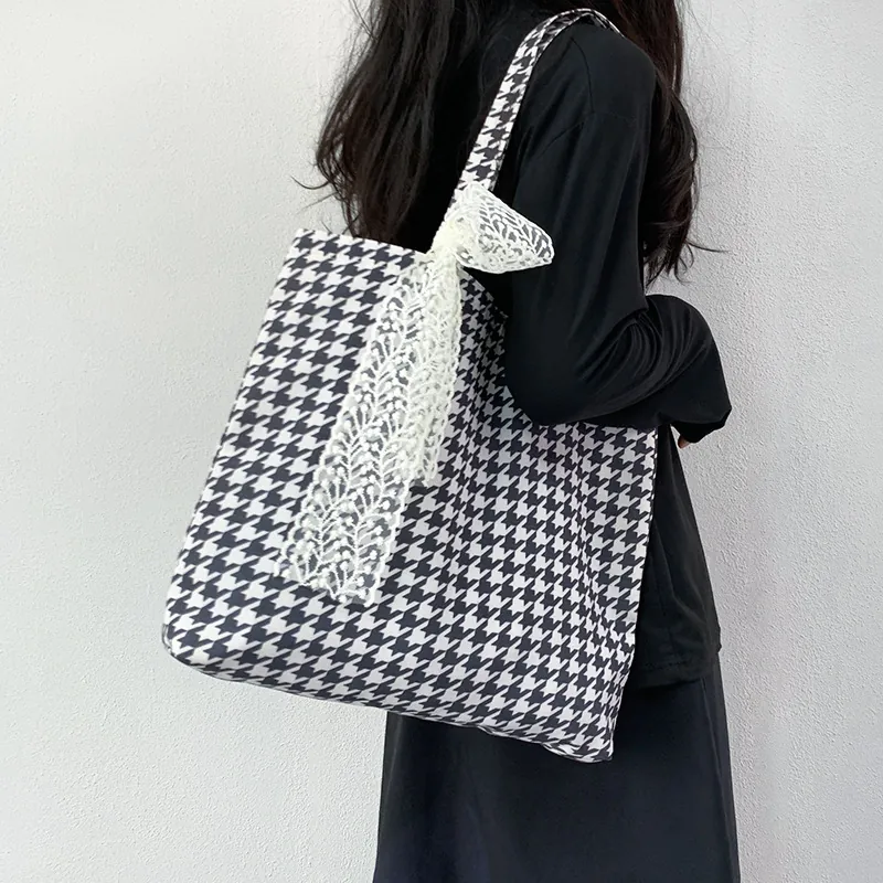 Large Capacity Canvas Tote Bag For Women With Lace Bow Decoration Printed Shoulder Handbag Vintage Sweet Floral Dots