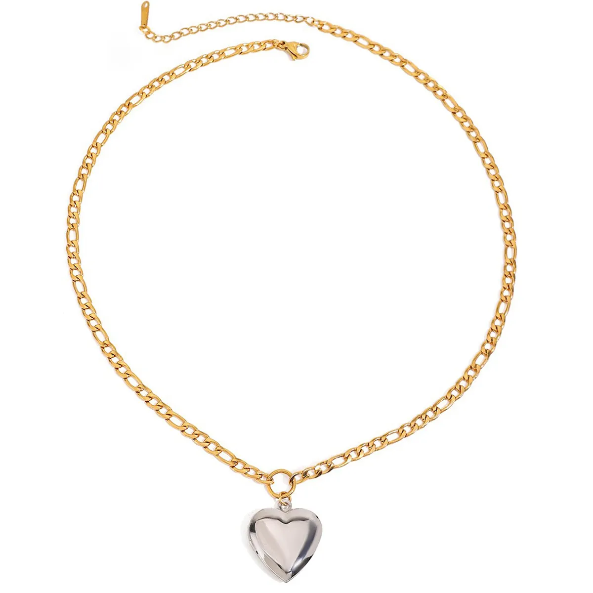 Herz Medaillon Halskette Edelstahl Figaro Kette Bicolor Gold Silber Foto Halter Wasserfest Hypoallergen Damen