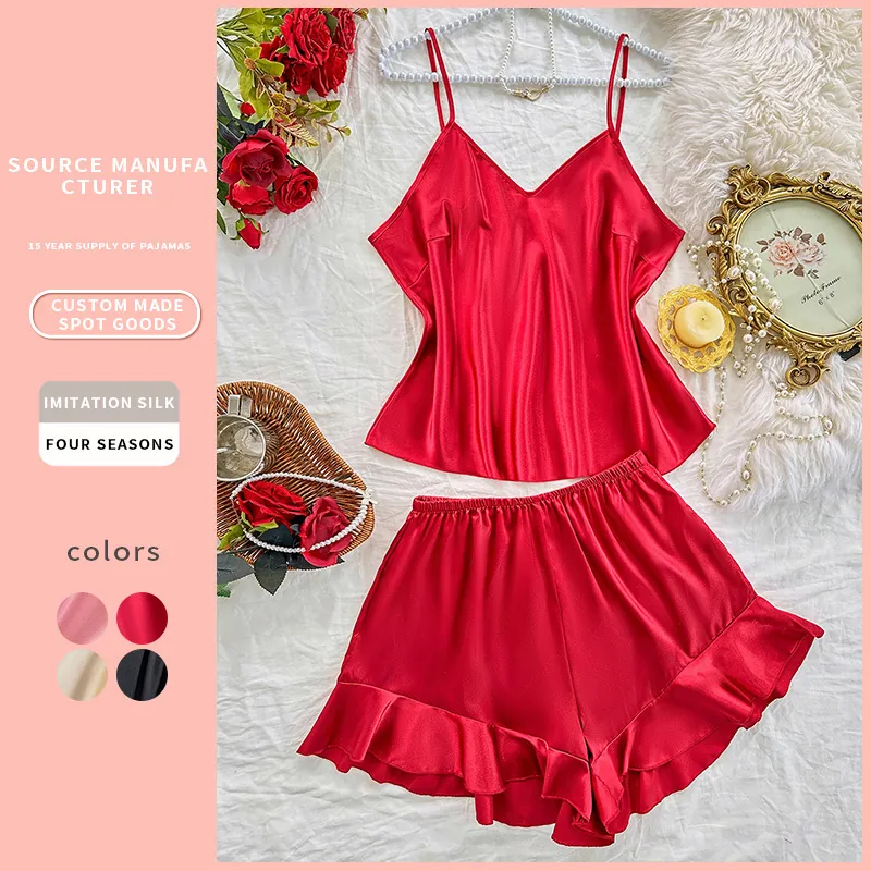 Pyjama Grande Taille Femme Imitation Satin Satin Col En V Camisole Et Short À Ourlet Volanté Loungewear