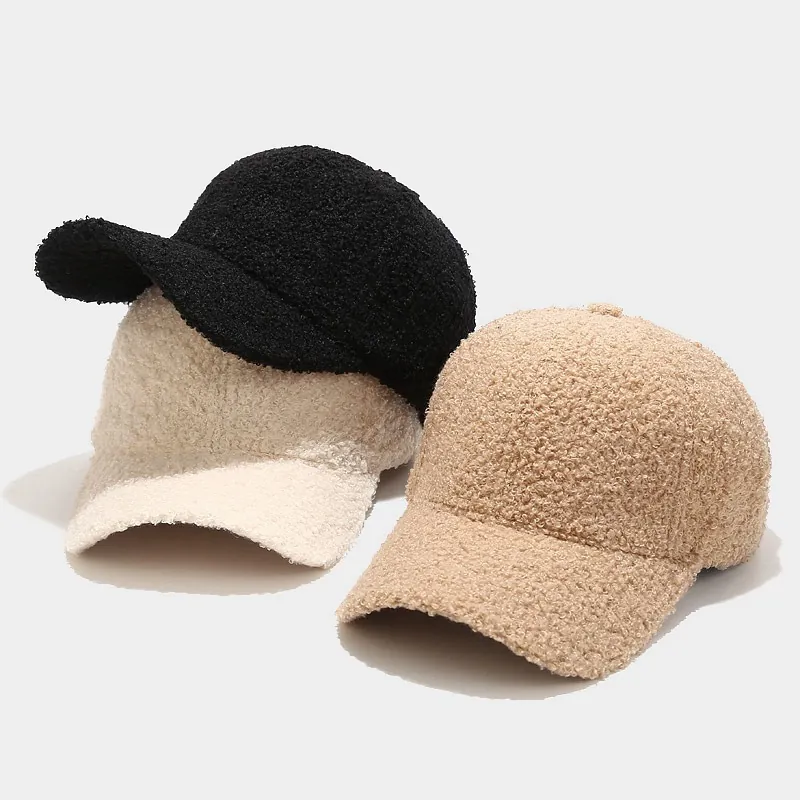 Lambwool Baseball Cap Warm Winter Sherpa Boucle Einfarbig Verstellbar Laessig Retro Sonnenhut Fuer Herren Damen