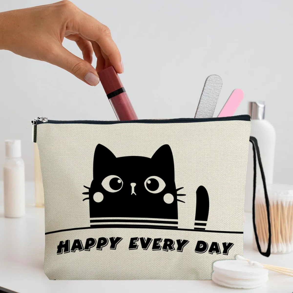 Cute Cartoon Cat Print Canvas Makeup Bag With Zipper And Wristlet Strap Portable Cosmetic Pouch For Travel Daily Use