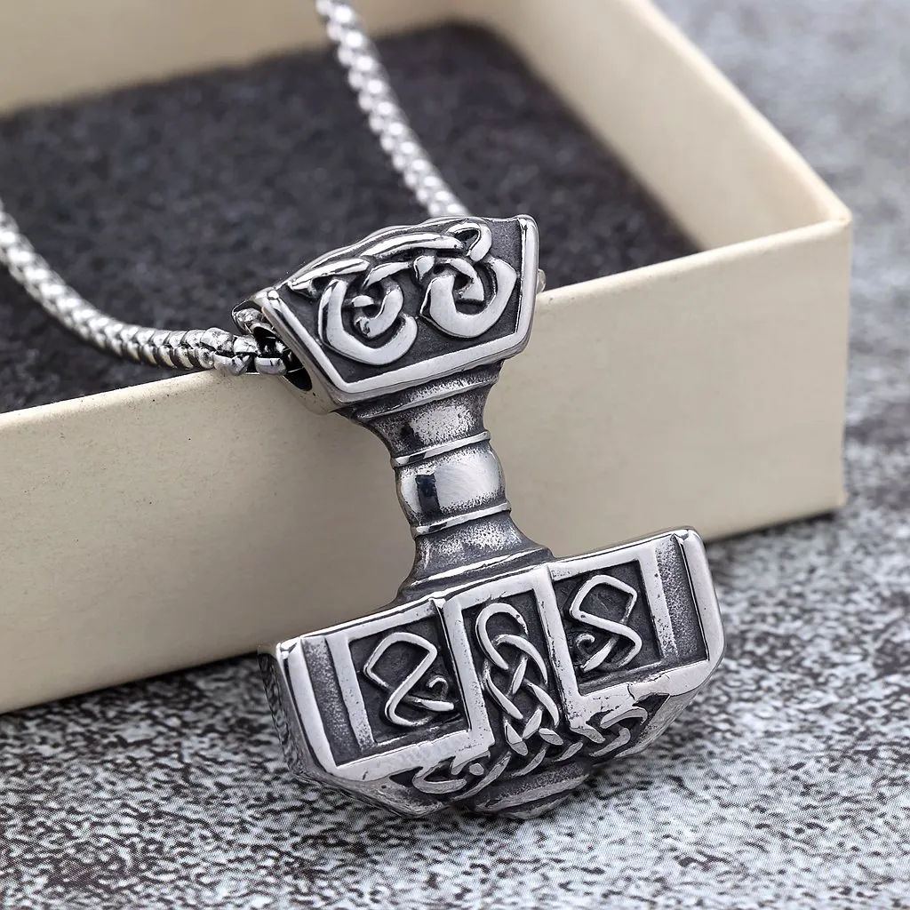 Viking Thor Hammer Mjolnir Pendant Necklace Stainless Steel Nordic Rune Celtic Knot Retro Jewelry For Men