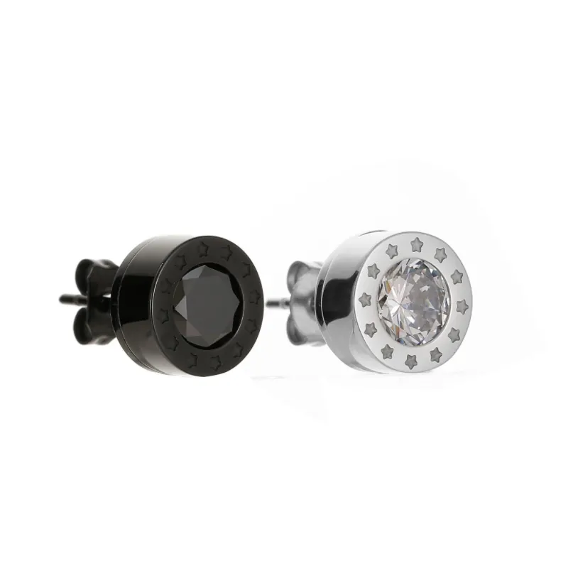 Round Stud Earrings Stainless Steel Cubic Zirconia Star Engraved Punk Hip Hop Style Jewelry For Men And Women Cool Decor