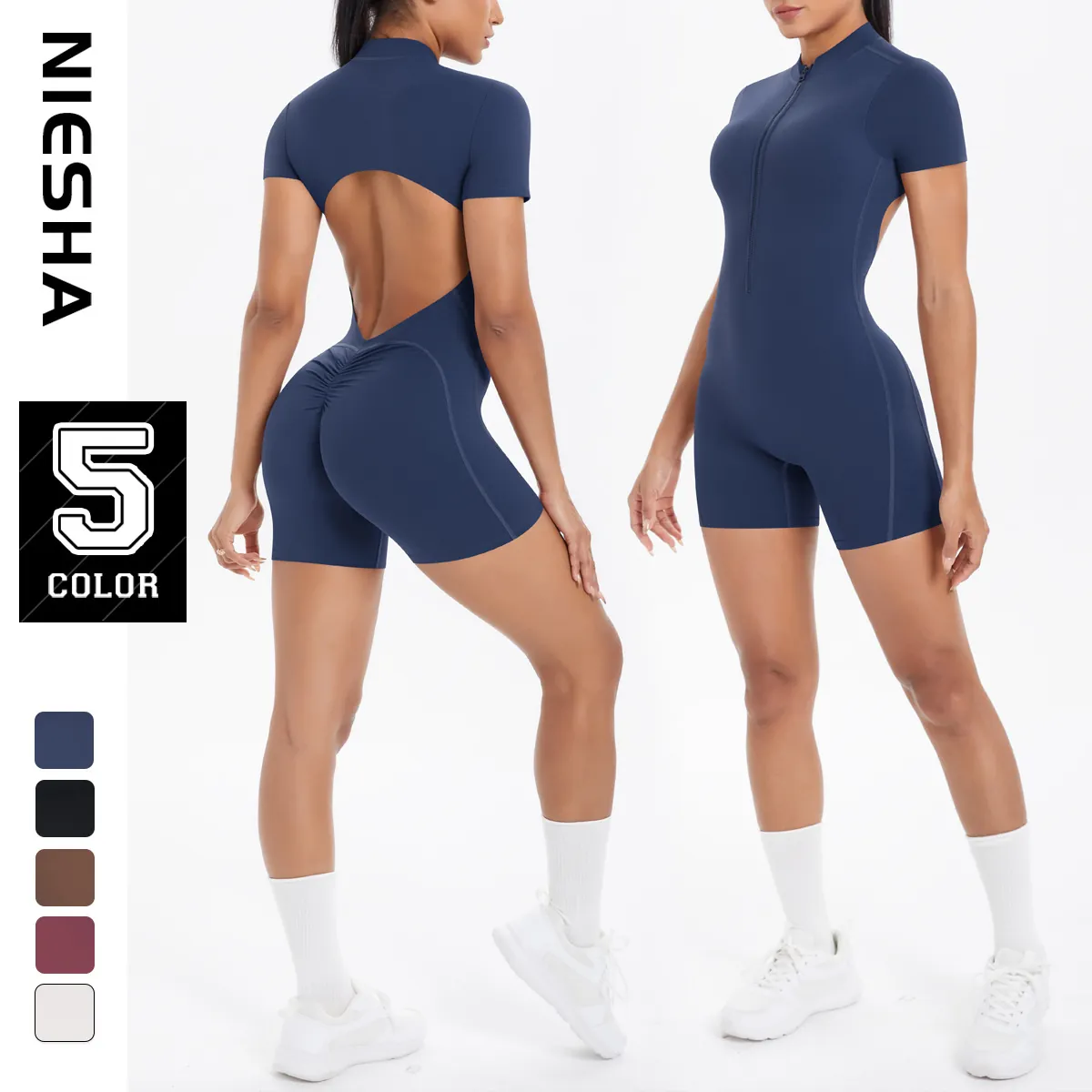 Women Sport Jumpsuit Hollow Out Back Short Sleeve Front Zipper Yoga Romper Scrunch Butt Workout Fitness Nylon Spandex Bodysuit
