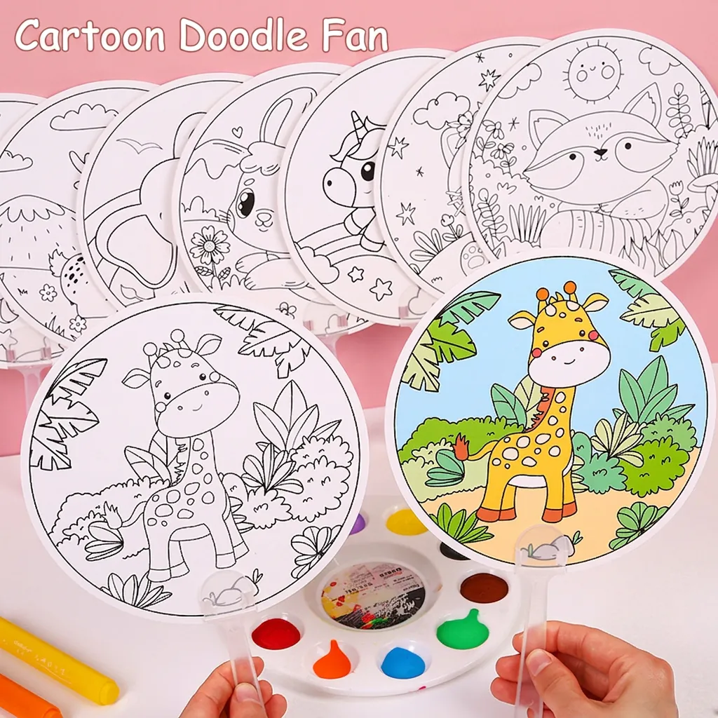 DIY Coloring Painting Hand Fan Cartoon Animal Outline Cardboard Paper Plastic Handle Creative Craft Kids Educational Hobby Toy