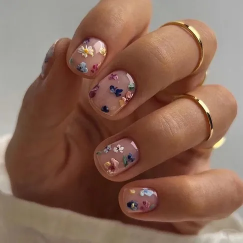 Press On Nails Short Square Floral Daisy Nude Pink Artificial False Nails For Women Daily Manicure