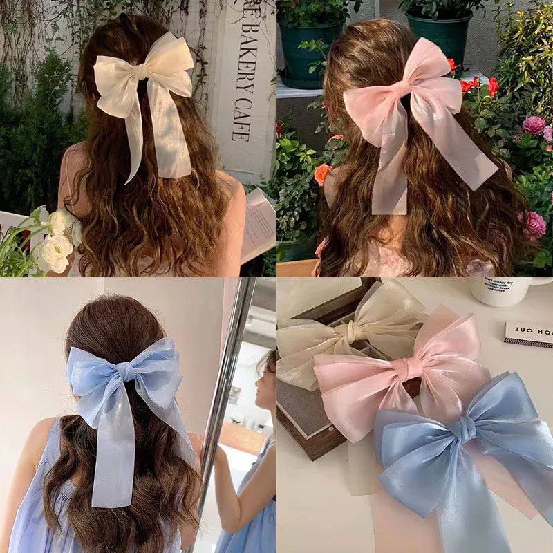 Large Organza Bow Hair Clip With Long Streamers Fairy Mesh Barrette Sweet Elegant Hair Accessory For Women
