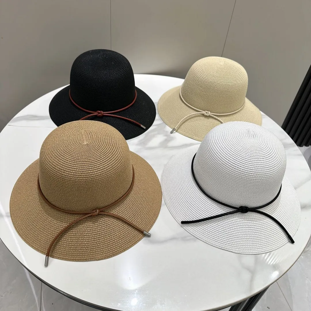Chapeau De Soleil En Paille Tissé Large Bord Papier Respirant Plage Pêcheur Bob Avec Nœud En Corde Cuir Pour Femmes