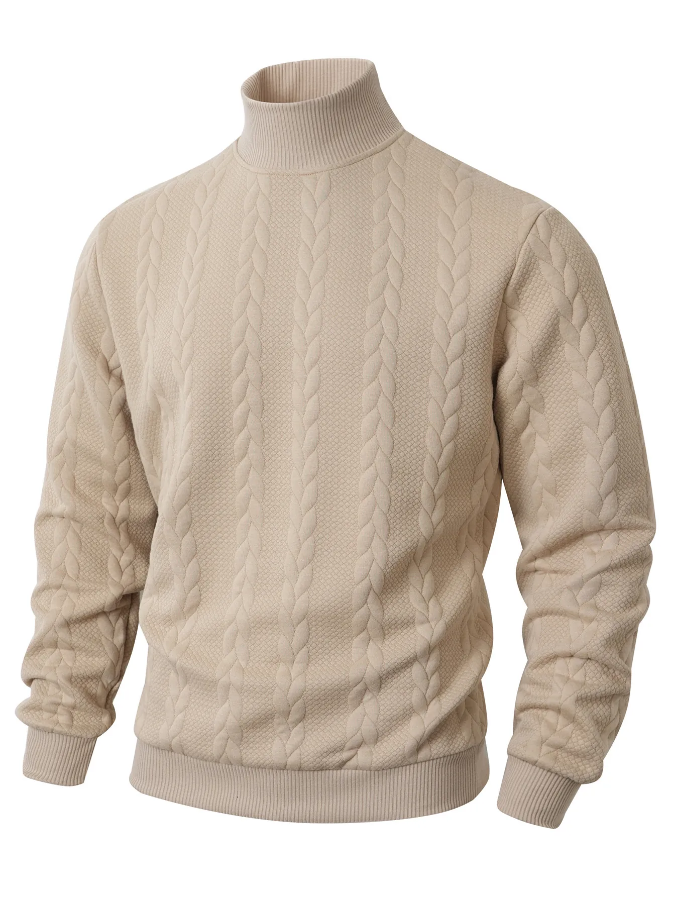 Men's Fashion Cable Knit Turtleneck Sweater Solid Color Long Sleeve Thickened Warm Jacquard Pullover Top For Men Casual