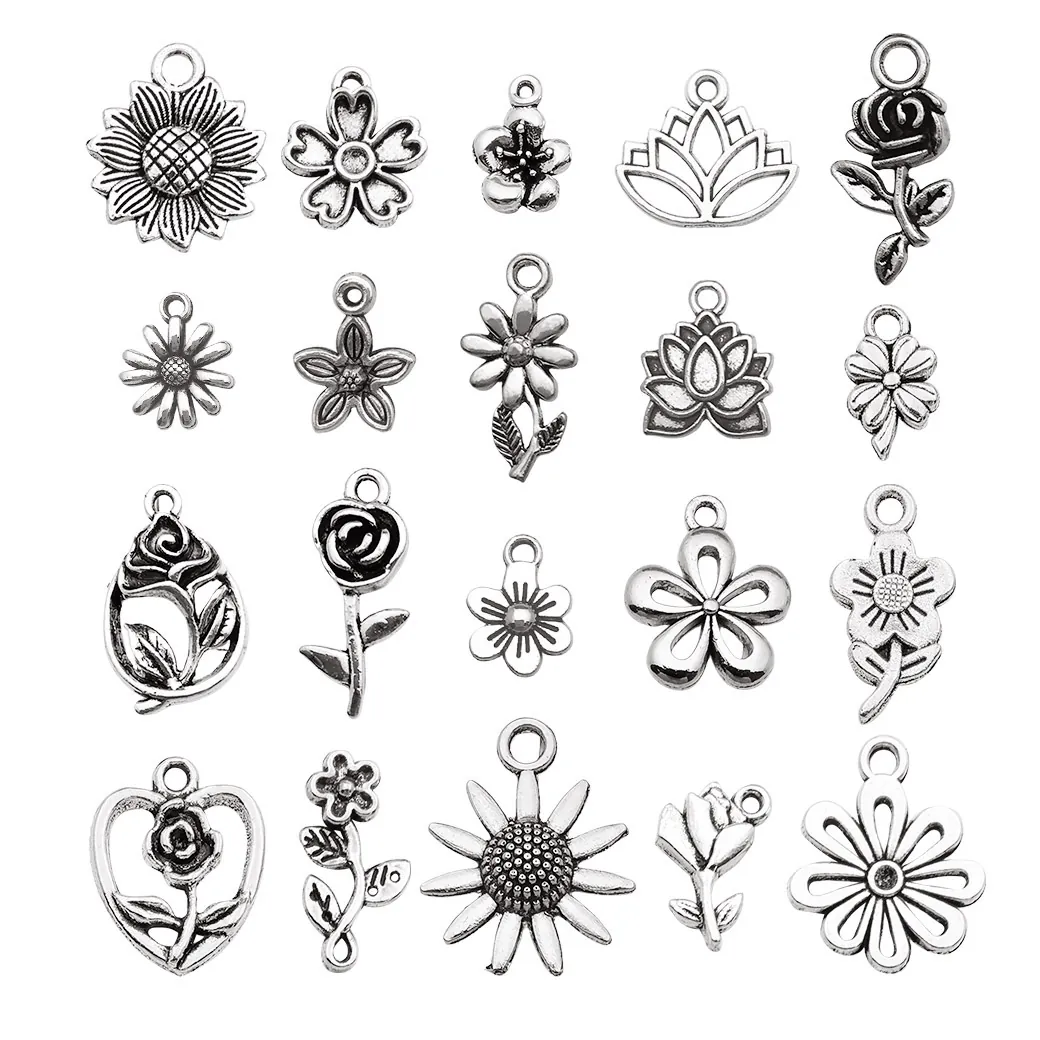 Ciondoli A Fiore Vintage Argento Antico Lega Di Zinco Girasole Rosa Loto Charms Per DIY Collana Bracciale Gioielli