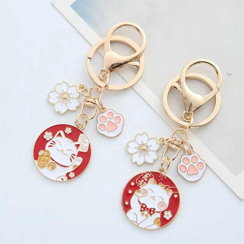 Lucky Cat Keychain Metal Alloy Enamel Charms Cherry Blossom Cat Paw Cute Japanese Style Hanging Ornament Gift