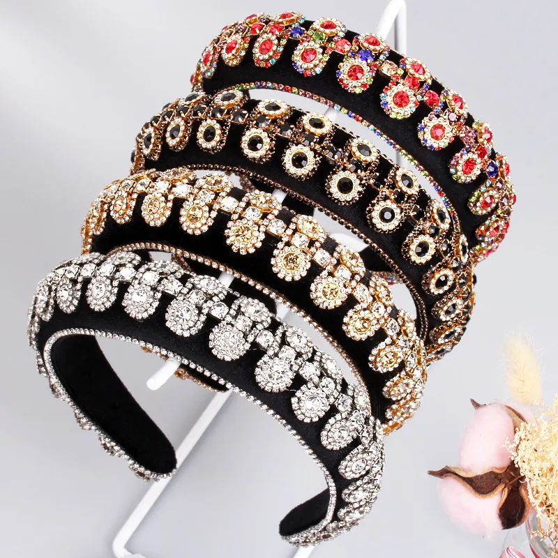 Baroque Headband Rhinestone Crystal Padded Velvet Wide Hair Hoop Luxury Retro Party Accessory For Women Girls