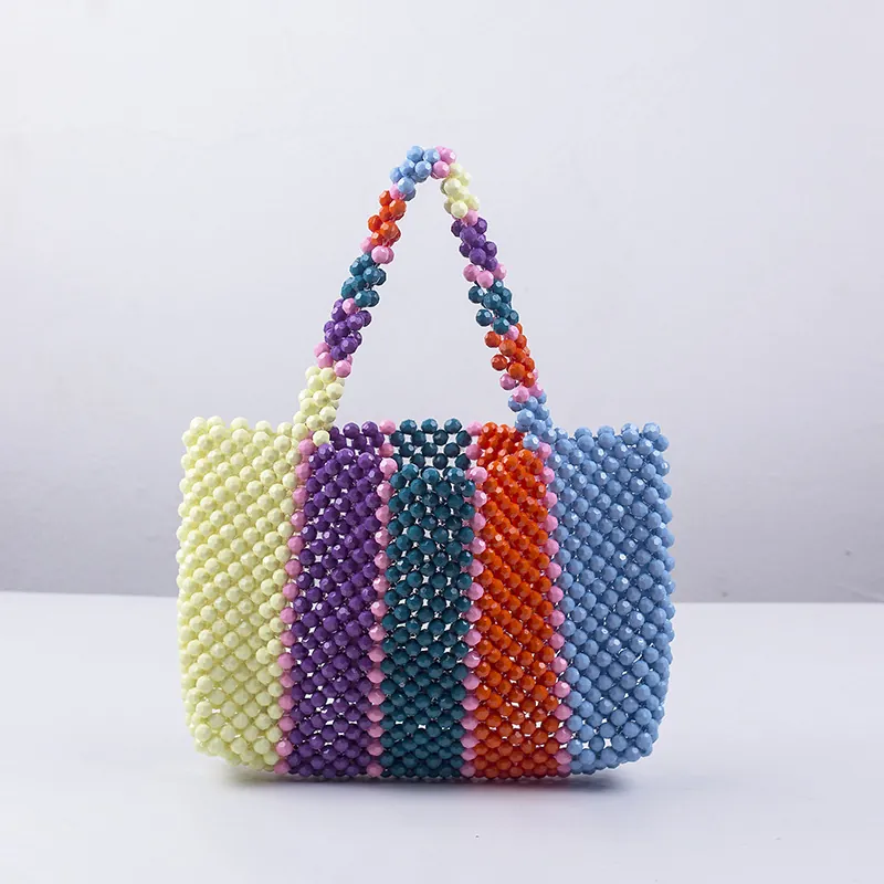 Sac à Main en Perles Fait Main pour Femmes Arc-en-Ciel Acrylique Plastique Rayures Colorées Sac Fourre-Tout Mode Plage Vacances Sacs à Main