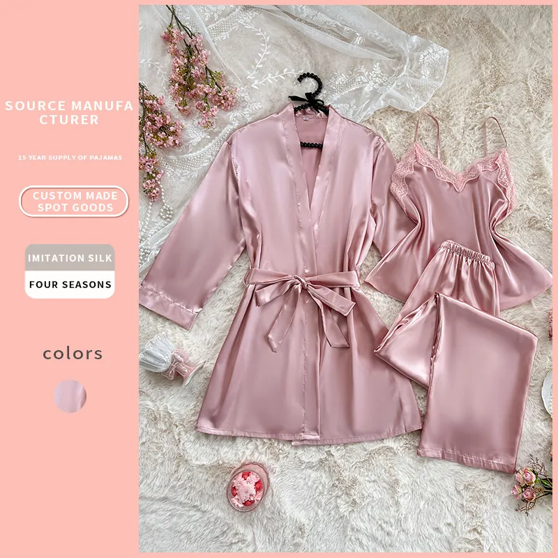 Pyjama En Satin Pour Femmes Peignoir Caraco Et Pantalon Long Dentelle Col En V Léger Rose