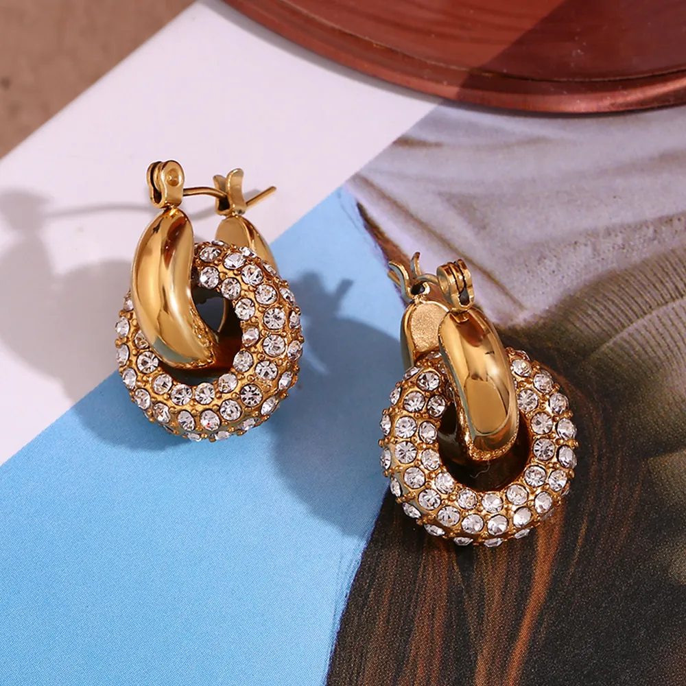 Huggie Hoop Earrings Stainless Steel 18K Gold Plated Micro Pave Zircon Geometric Donut Ring Fashion For Women