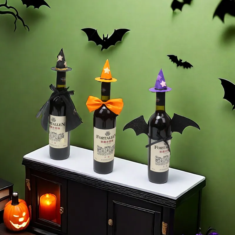 Halloween Wine Bottle Decoration Witch Hat Cloak Bat Wings Fabric PVC For Holiday Party Table Setting Decor