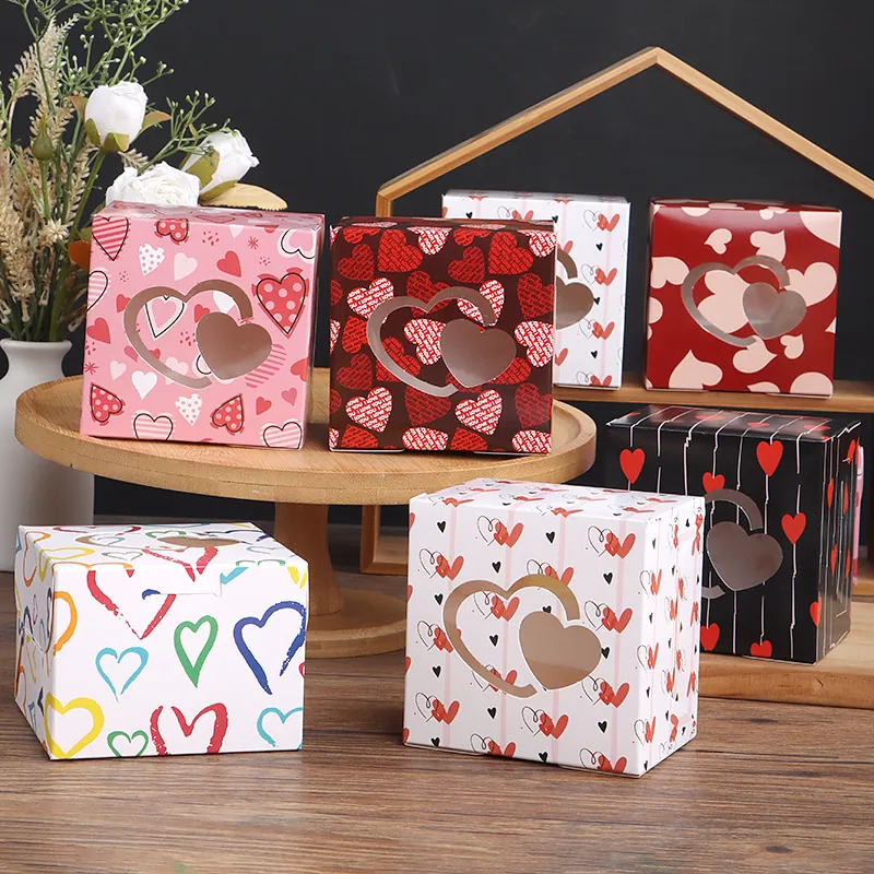 Square Cardboard Gift Boxes With Heart Shaped Window Colorful Heart Patterns Romantic Valentine Day Treat Packaging Boxes