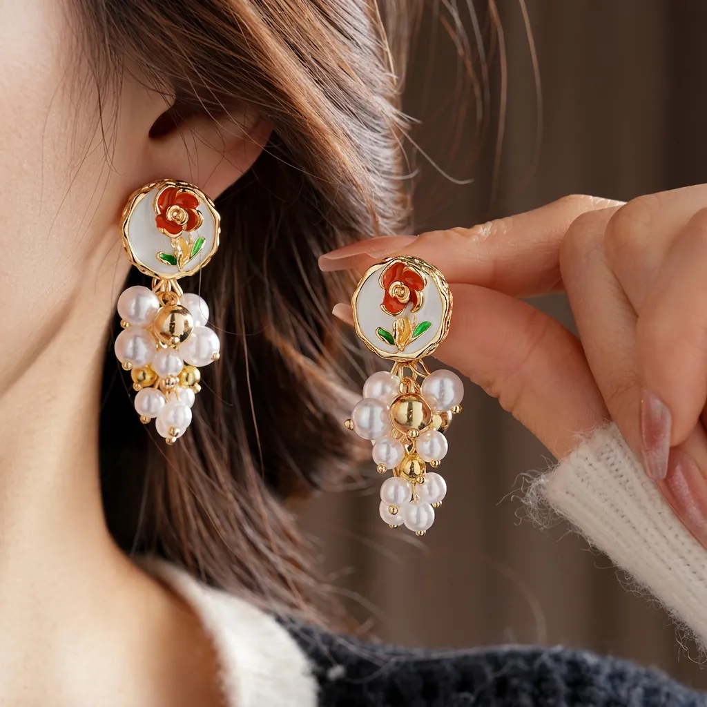 Boucles D'oreilles Pendantes Émail Rose Vintage Alliage Imitation Künstliche Perle Grappe Style Cour Avec Tige En Argent Pour Femmes