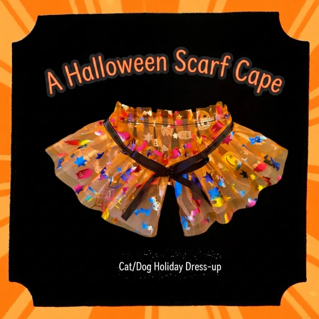 Pet Halloween Cape Collar Mesh Organza Pumpkin Pattern Adjustable Bow Holiday Costume For Cats And Dogs