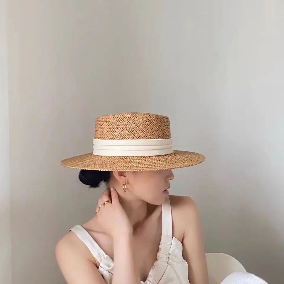 Women Boater Hat Woven Straw Flat Top Wide Brim Sun Protection Beach Vacation Ribbon Decor Elegant Summer