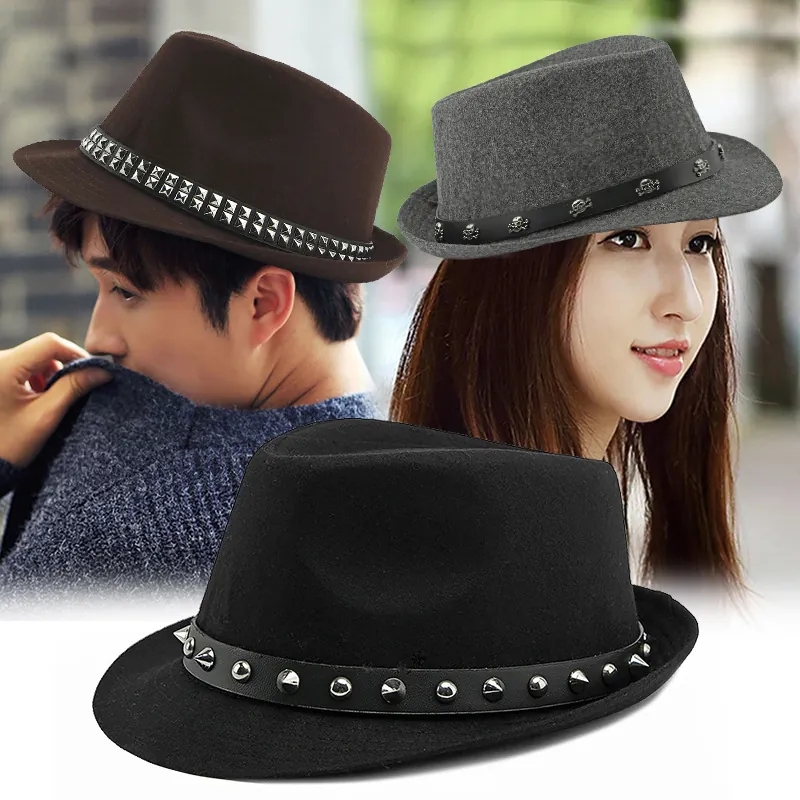 Vintage British Style Woolen Blend Fedora Hat For Men Women With Punk Metal Studs Skull Belt Buckle Jazz Hat Outdoor Winter Cap