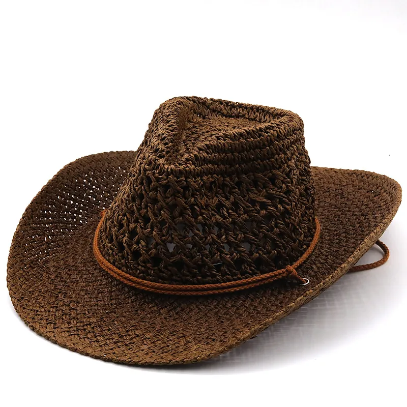 Western Cowboy Hat Paper Straw Hollow Out Breathable Wide Brim Sun Protection Summer Beach Ethnic Style For Men Women