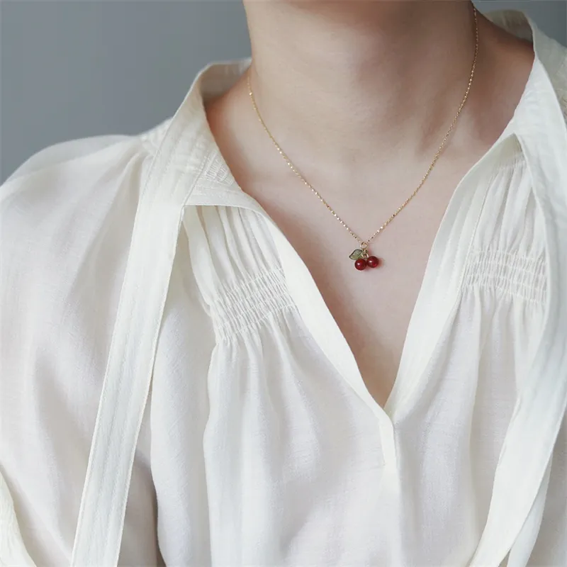 Cherry Pendant Necklace Alloy Gold Chain Red Green Fruit Style Dainty Sweet Jewelry For Women