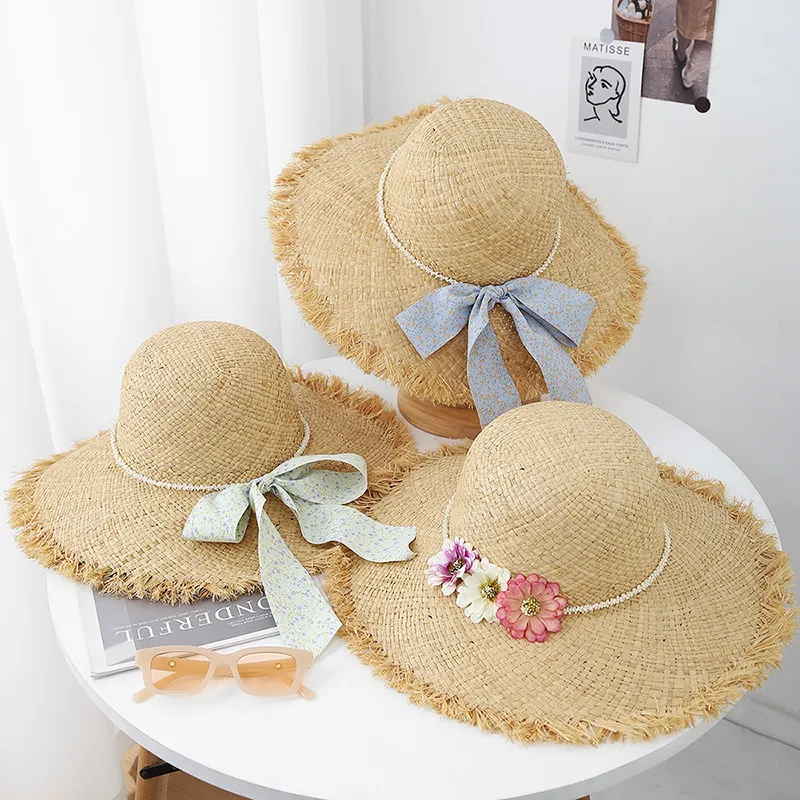 Chapeau De Soleil En Paille À Large Bord Pour Femmes Künstliche Perles Raphia Papier Bord Effiloché Noeud Fleur Plage Vacances Chic