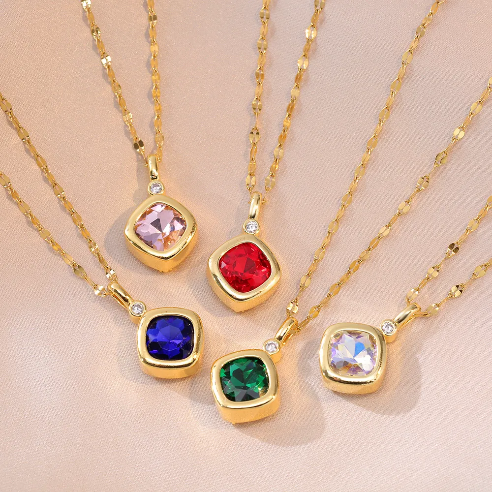 Luxury Titanium Steel Square Zirconia Pendant Necklace For Women Elegant Gold Plated Geometric Clavicle Chain Jewelry Gift