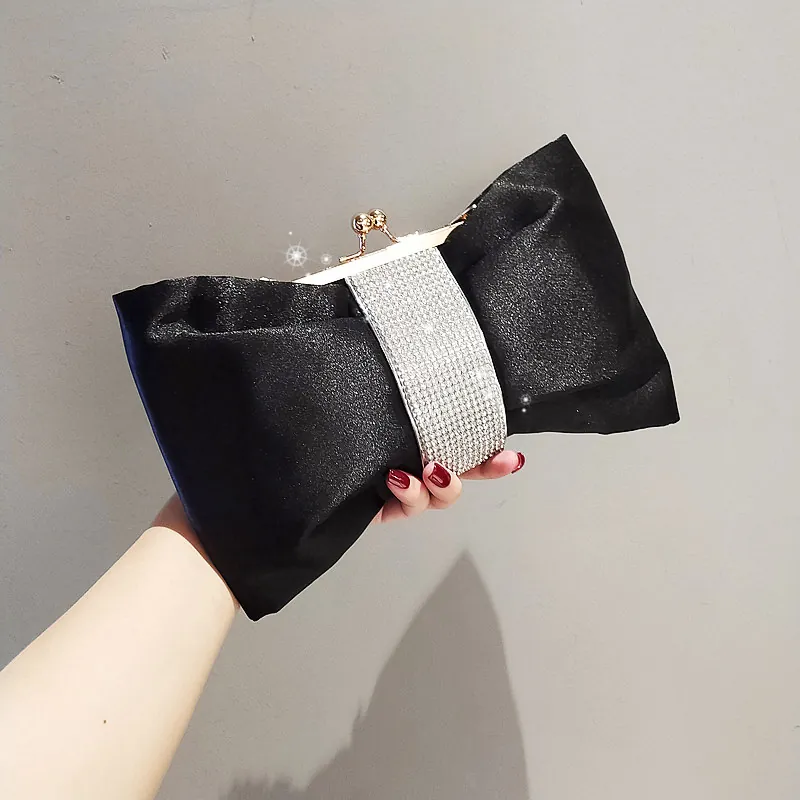 Damen Abendtasche Satin Clutch Schleife Form Strass Party Bankett Handtasche Mit Abnehmbarer Kette