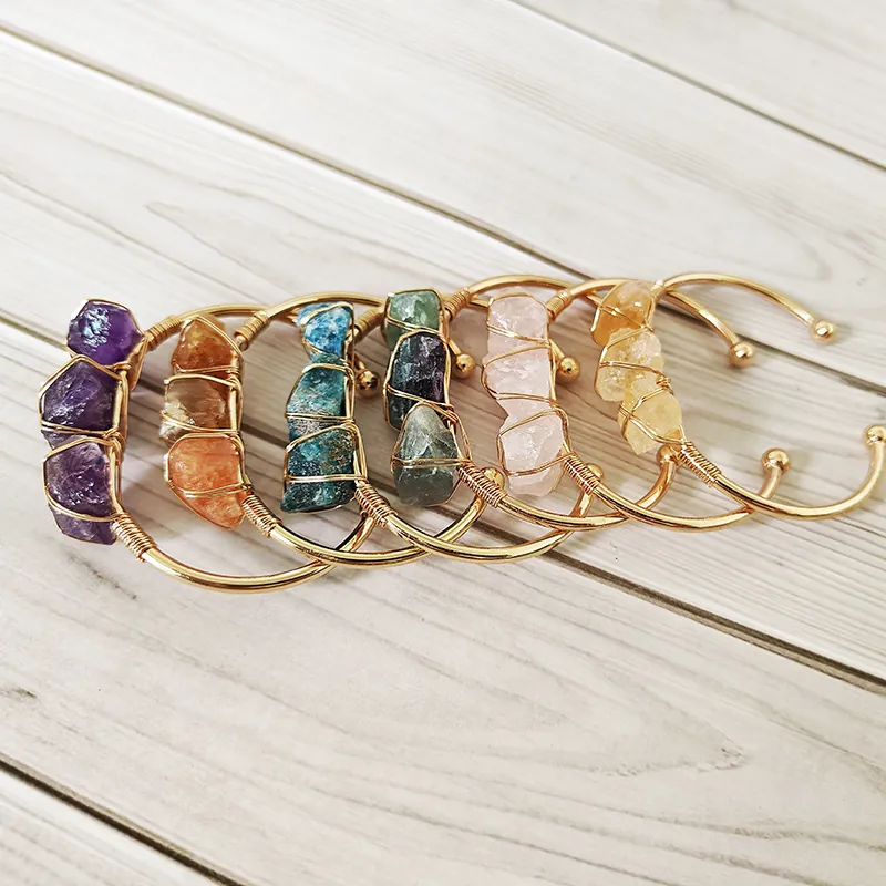Natural Raw Gemstone Open Cuff Bracelet Copper Wire Wrapped Adjustable Handmade Bohemian Vintage Style Jewelry For Women